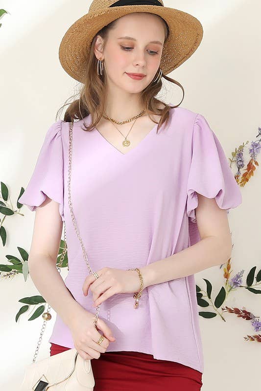 CWTBLS202_V NECK PUFF SHORT SLEEVE BLOUS FORMAL TUNIC TOP