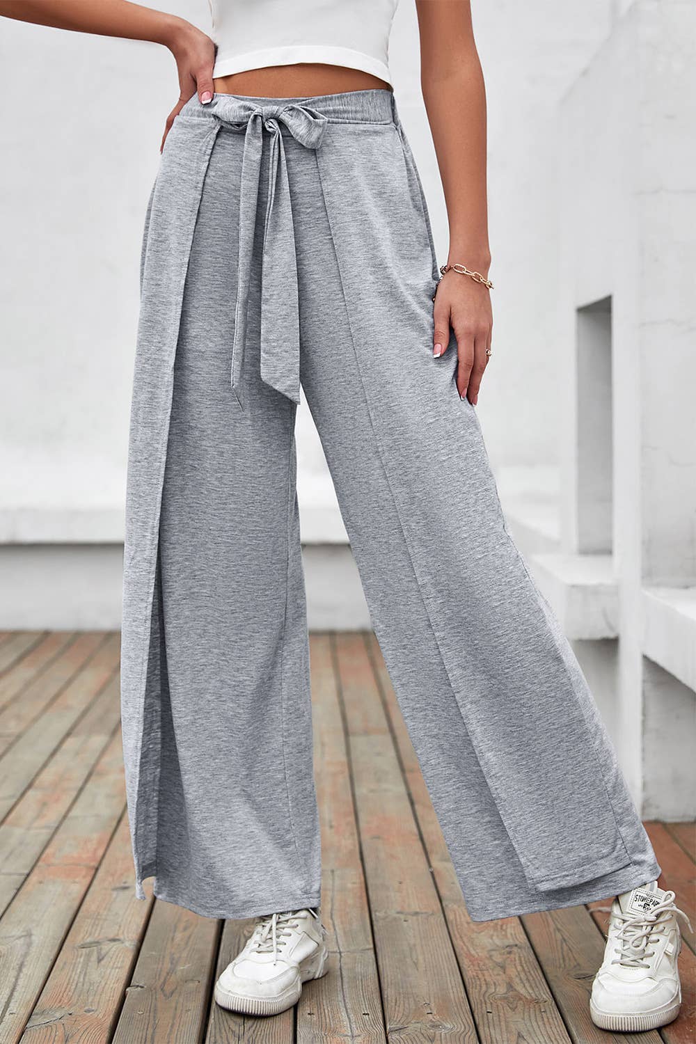 Classic solid-color cotton-like lace-up trousers