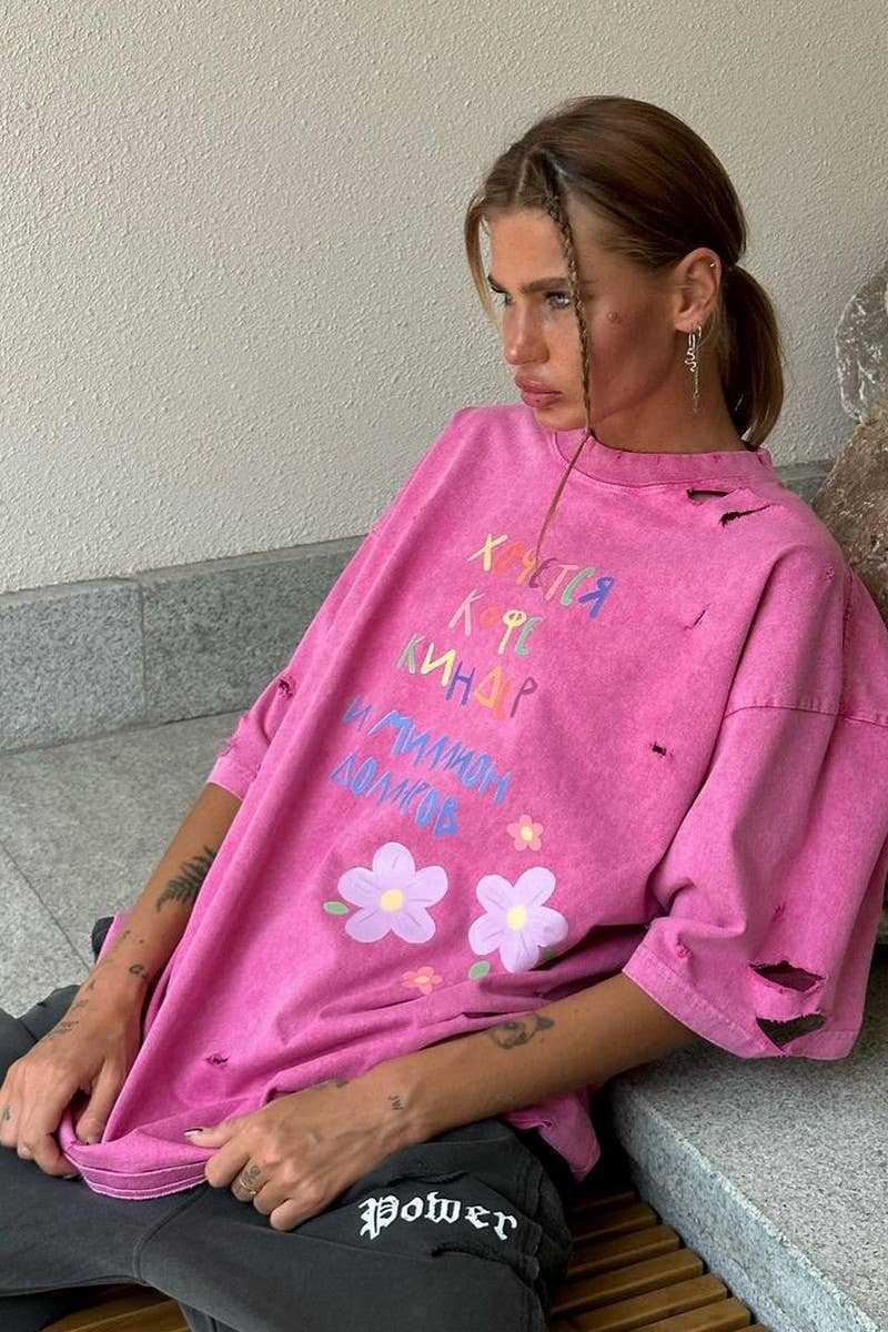 CWTTS1576_LETTERING LOOSE LAZY CASUAL MID-LENGTH T-SHIRT