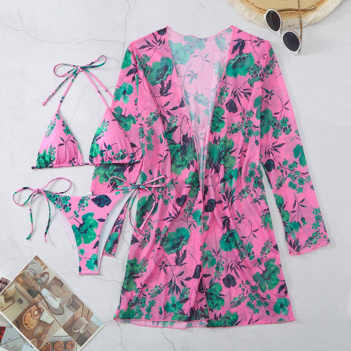 Floral Print Cover-Up Bikini 3Pcs/Set Swimsuit