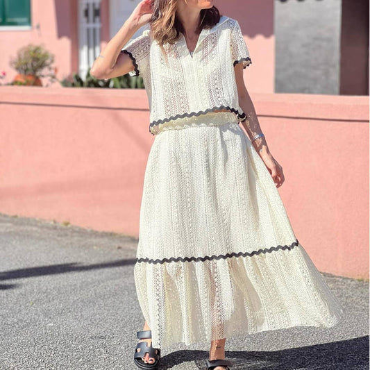 Comfortable shirt collar lace long skirt set