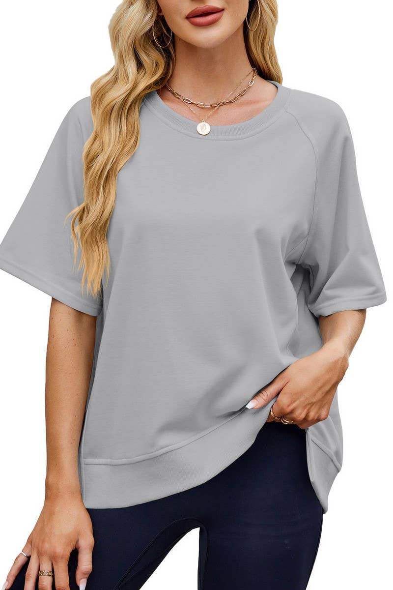 CWTTS1341_SPRING AND SUMMER THREADED ROUND NECK LOOSE TOP