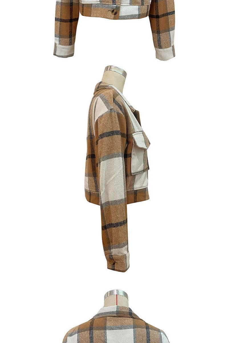 CWOJA0824_CROPPED PLAID CARDIGAN LAPEL JACKET