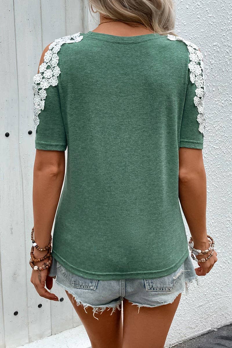CWTBLS1636_SUMMER NEW BASIC SIMPLE LACE STITCHING T-SHIRT