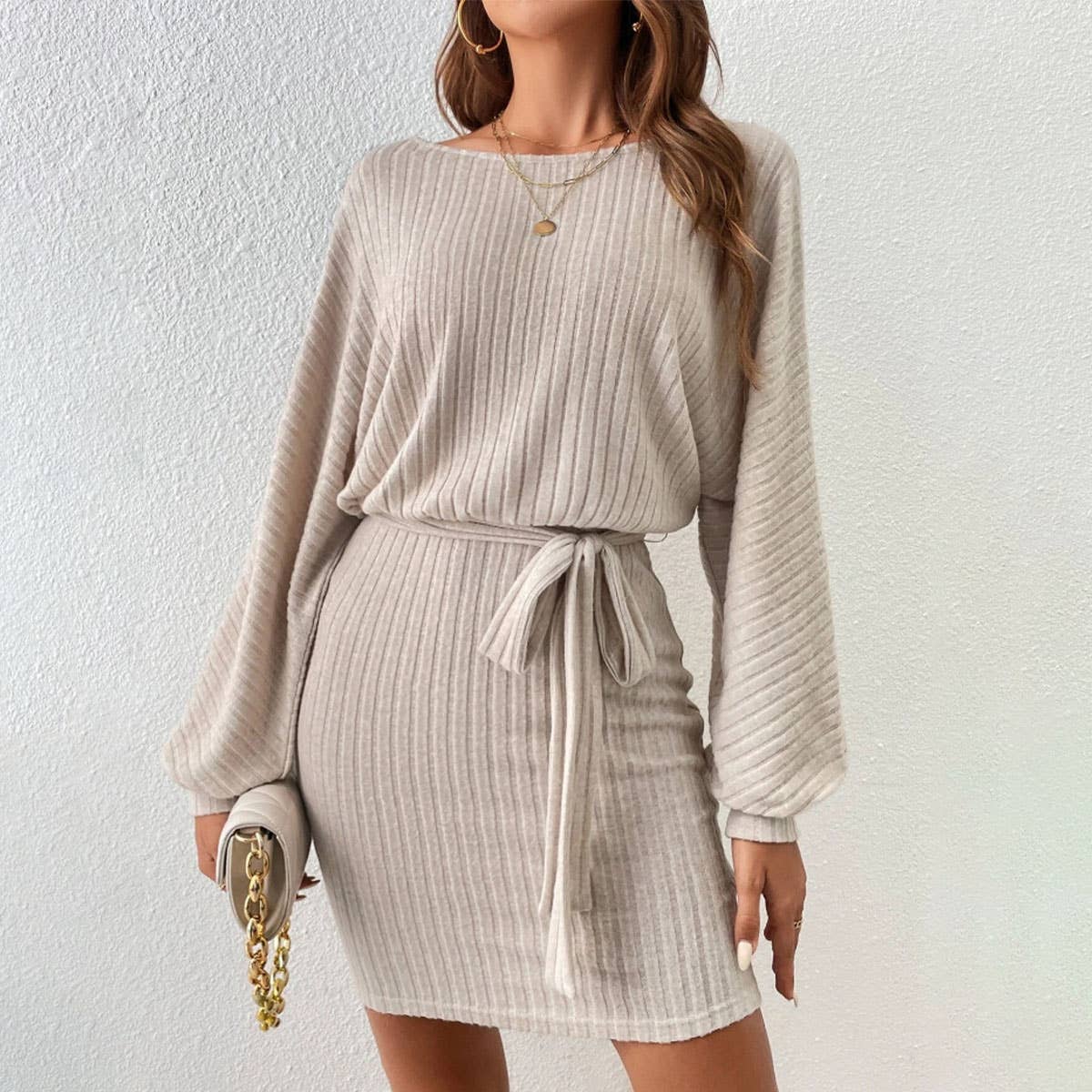 BELT EMBELLISHED BAT PIT STRIP WOOL KNIT DRESS