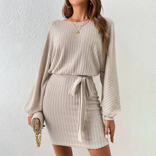 BELT EMBELLISHED BAT PIT STRIP WOOL KNIT DRESS
