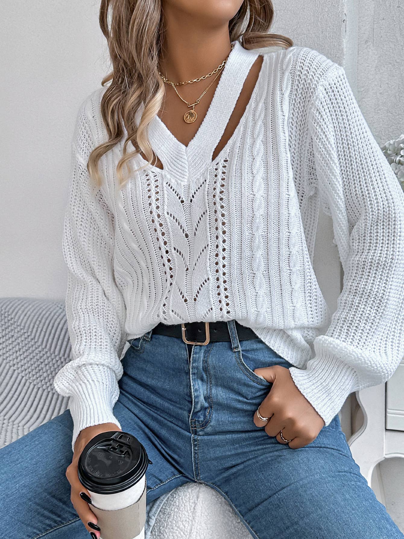 CASUAL CUTOUT V-NECK TWIST PULLOVER SWEATER