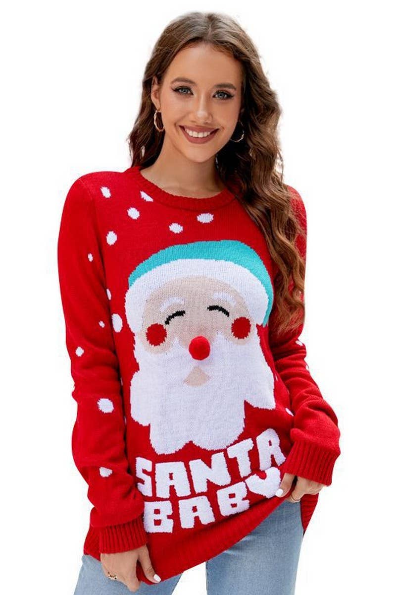CWOSWL2485_LETTER EMBROIDERED SANTA CLAUS CHRISTMAS SWEATER