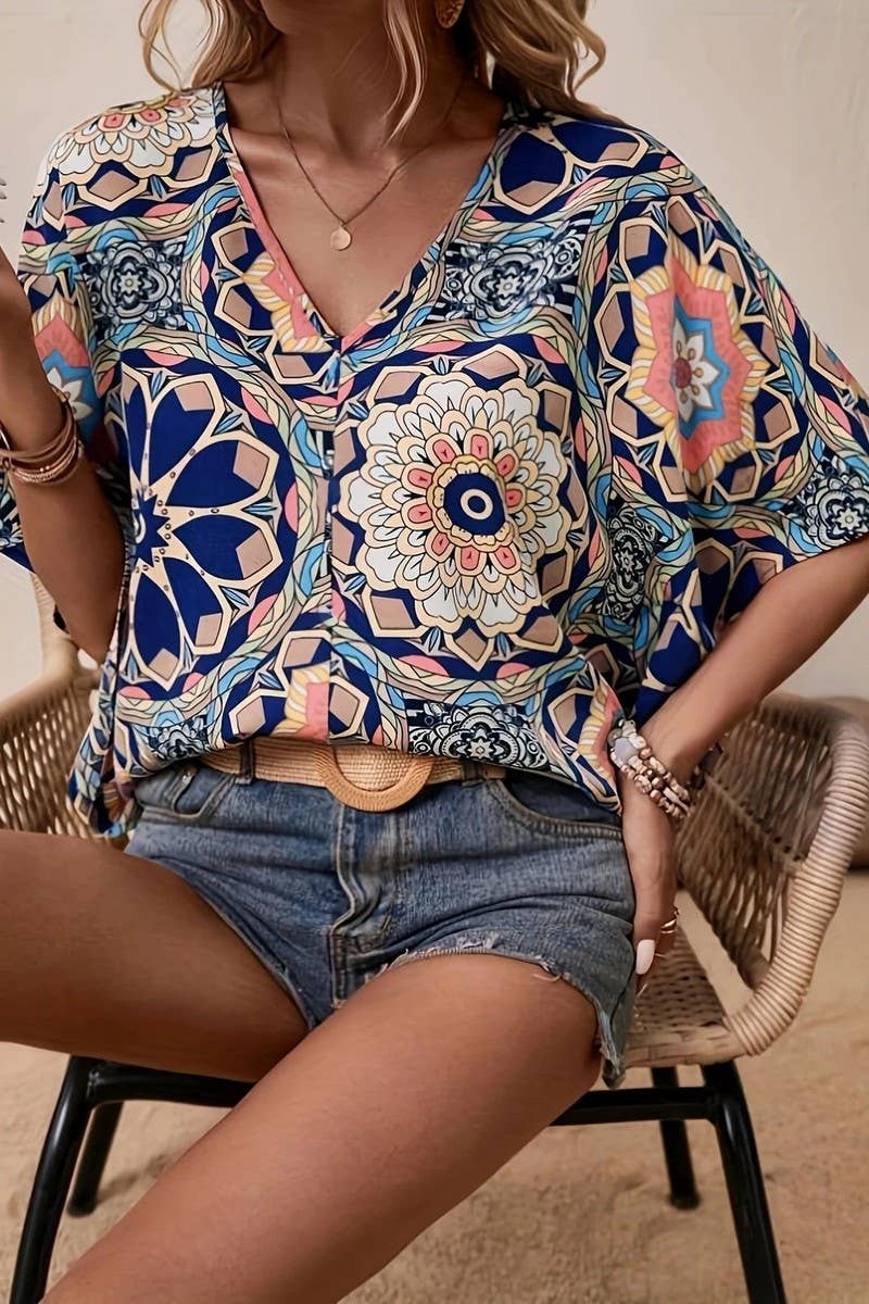 CWTBLS2057_SUMMER LOOSE VINTAGE FLORAL V-NECK SHIRT