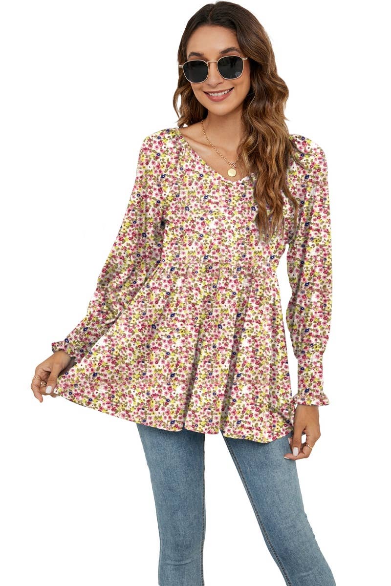 CWTBLL2935_FALL FLOWER BOUQUET WAIST PUFFY SLEEVE TOP