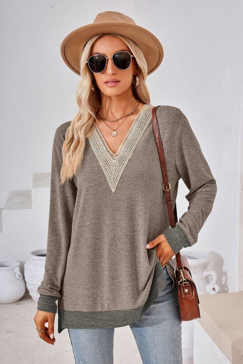 CWTBLL3660_AUTUMN NEW V-NECK LACE SOLID COLOR LOOSE T-SHIRT