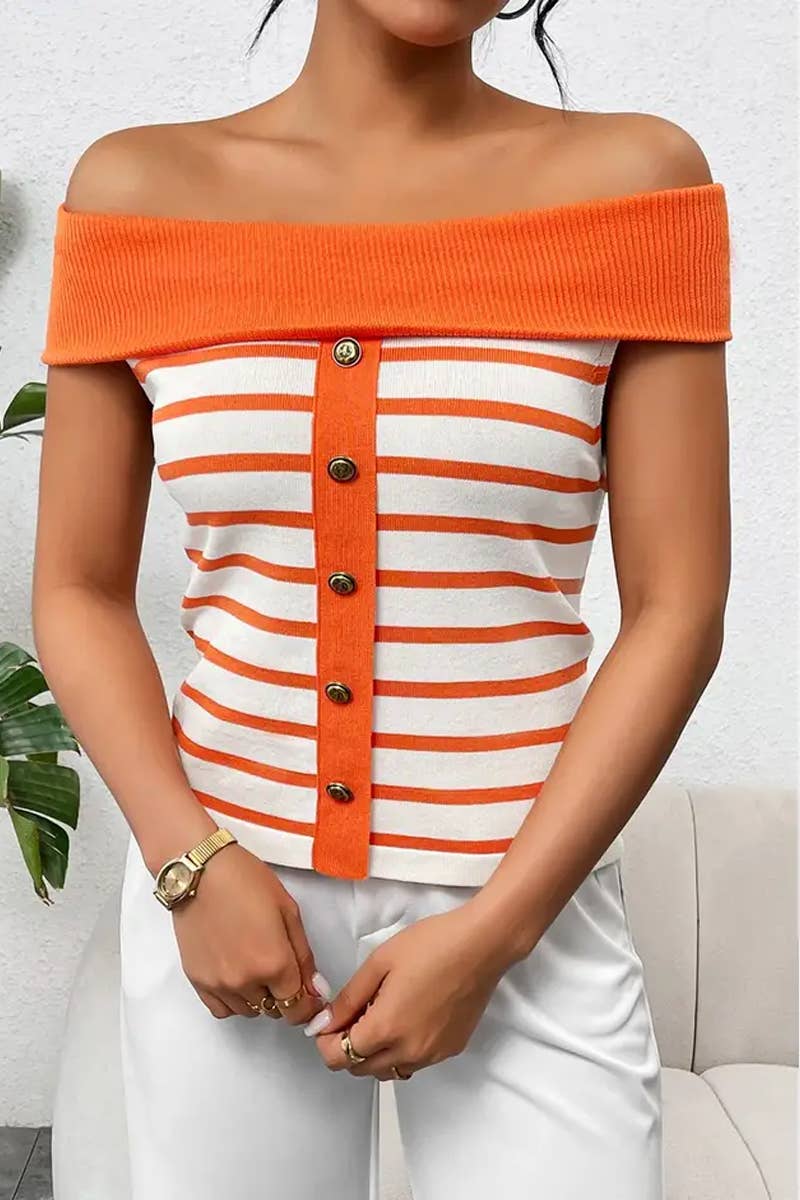 CWTTS1306_FASHION STRIPED OFF-SHOULDER BOAT NECK SWEATER