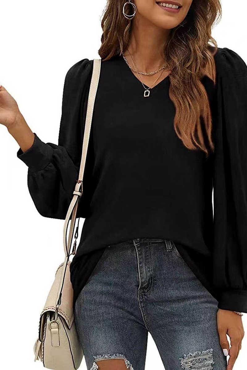 CWTBLL3691_CASUAL PUFF SLEEVE V-NECK BOTTOMING SHIRT