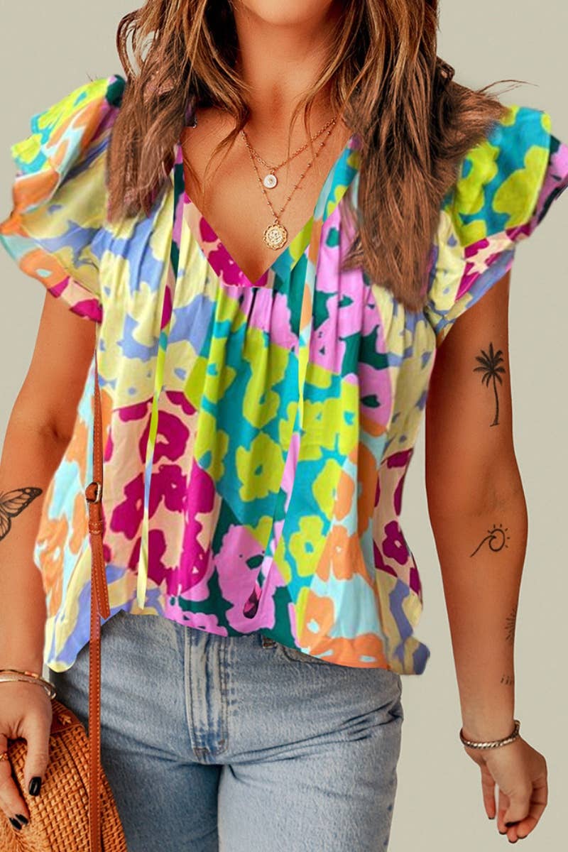 CWOV0446_LEOPARD PRINT THREE-POINT TRIMMED V-NECK TANK TOP