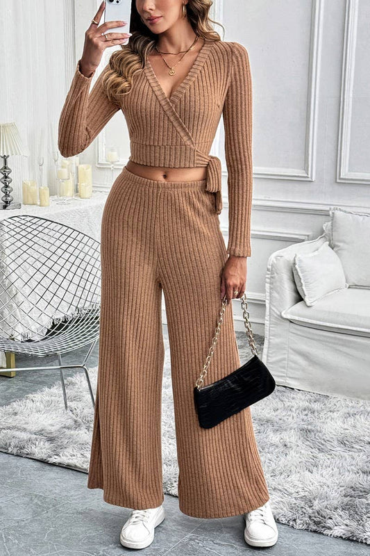 CWSTB1071_V-NECK LONG-SLEEVED SOLID COLOR TEXTURE SUIT
