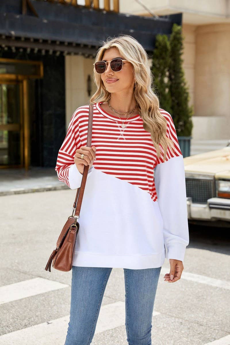 CWTBLL1859_ROUND NECK STRIPED LONG SLEEVE SWEATSHIRT
