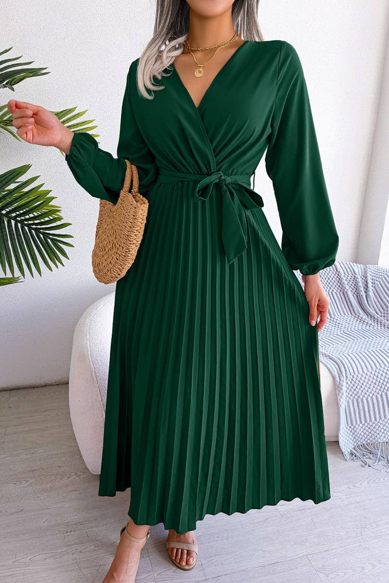 CROSSOVER V NECK PLEATED MAXI DRESS_CWDMD1174