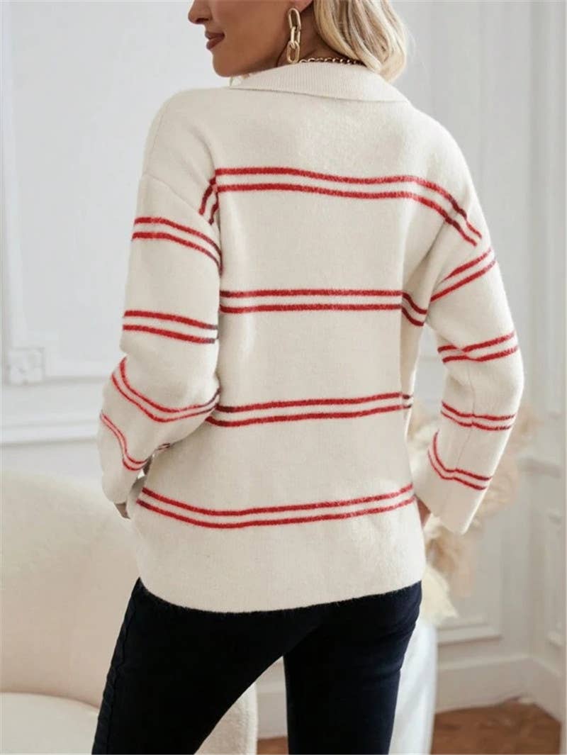 Color-blocking striped polo neck knitted sweater