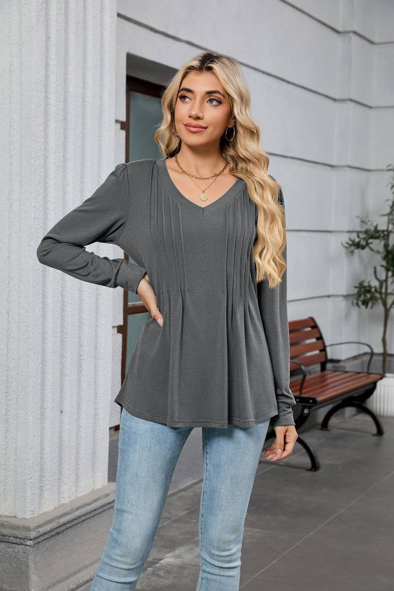 CWTBLL01306_V NECK RIBBED SOLID LONG SLEEVE CASUAL TEE