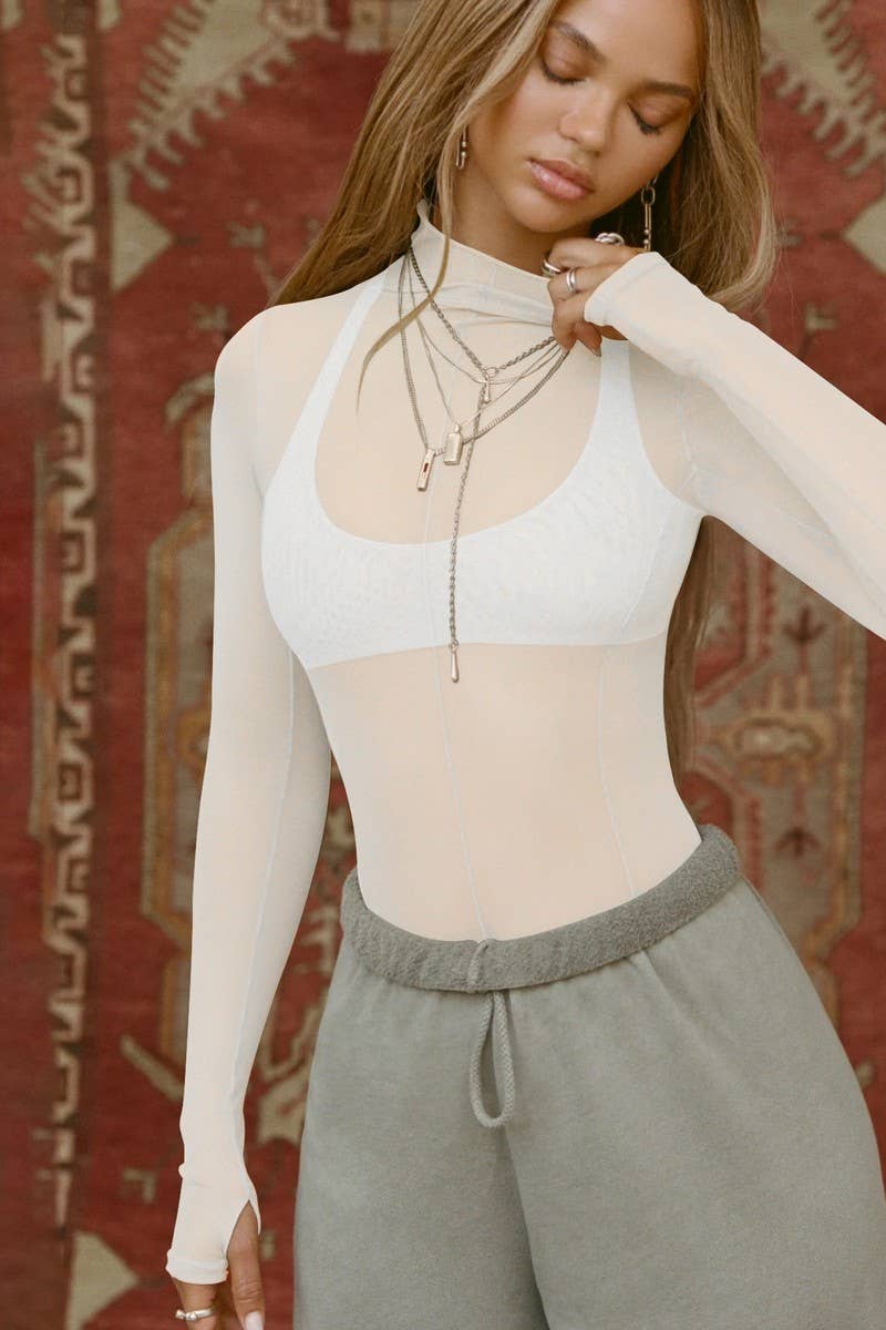 CWTBLL3812_SHEER MESH SLIM FIT HIGH NECK LONG SLEEVE TOP