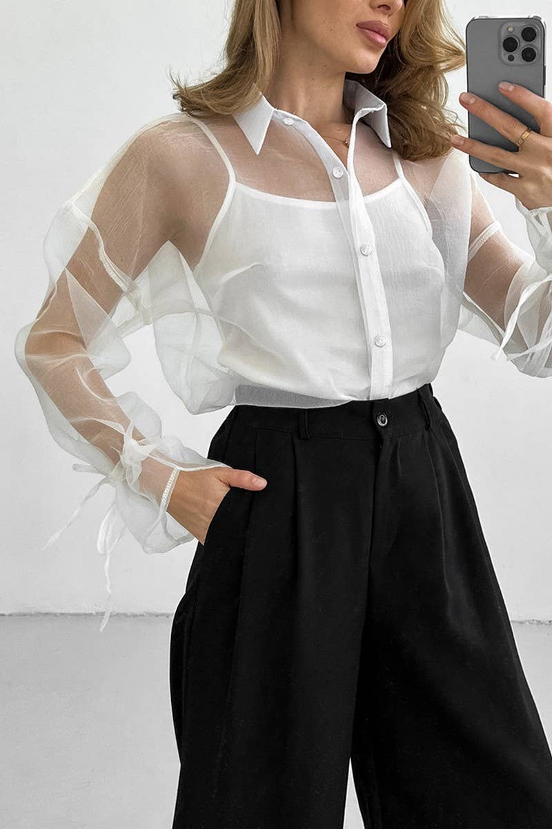 CWTSTL902_SEXY MESH LACE-UP SEE-THROUGH LONG-SLEEVED SHIRT