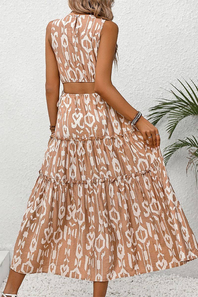 CWDMD1878_CREW NECK SLEEVELESS CUTOUT PRINT MIDI DRESS