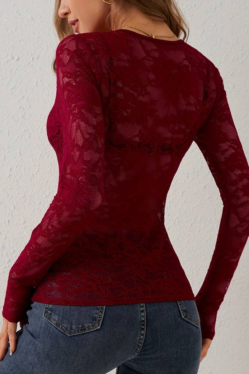 CWTBLL3461_V-NECK SINGLE LAYER FLORAL LACE BOTTOMING TOP