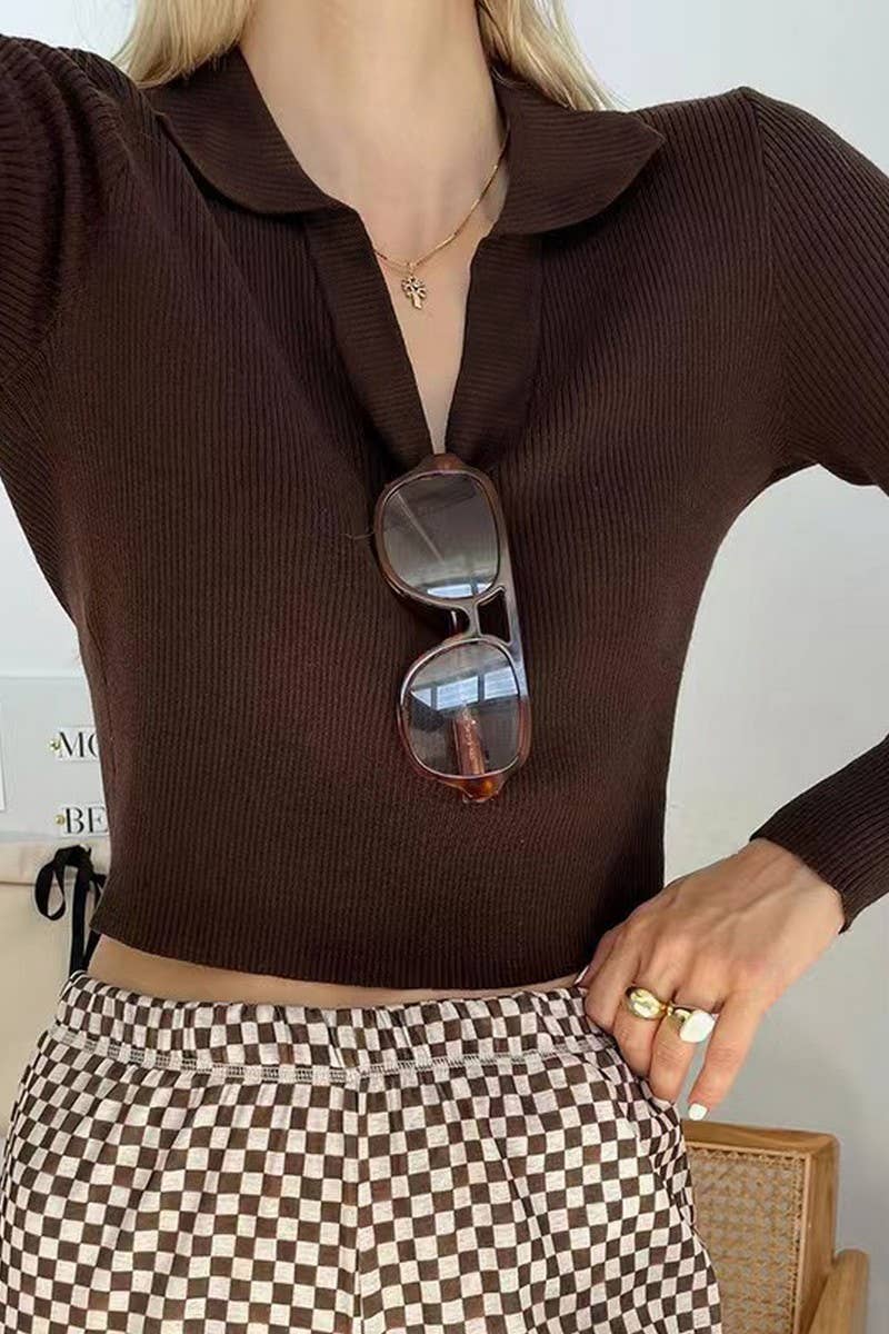 CWTBLL3774_POLO NECK NAVEL RIBBED KNIT LONG SLEEVE TOP