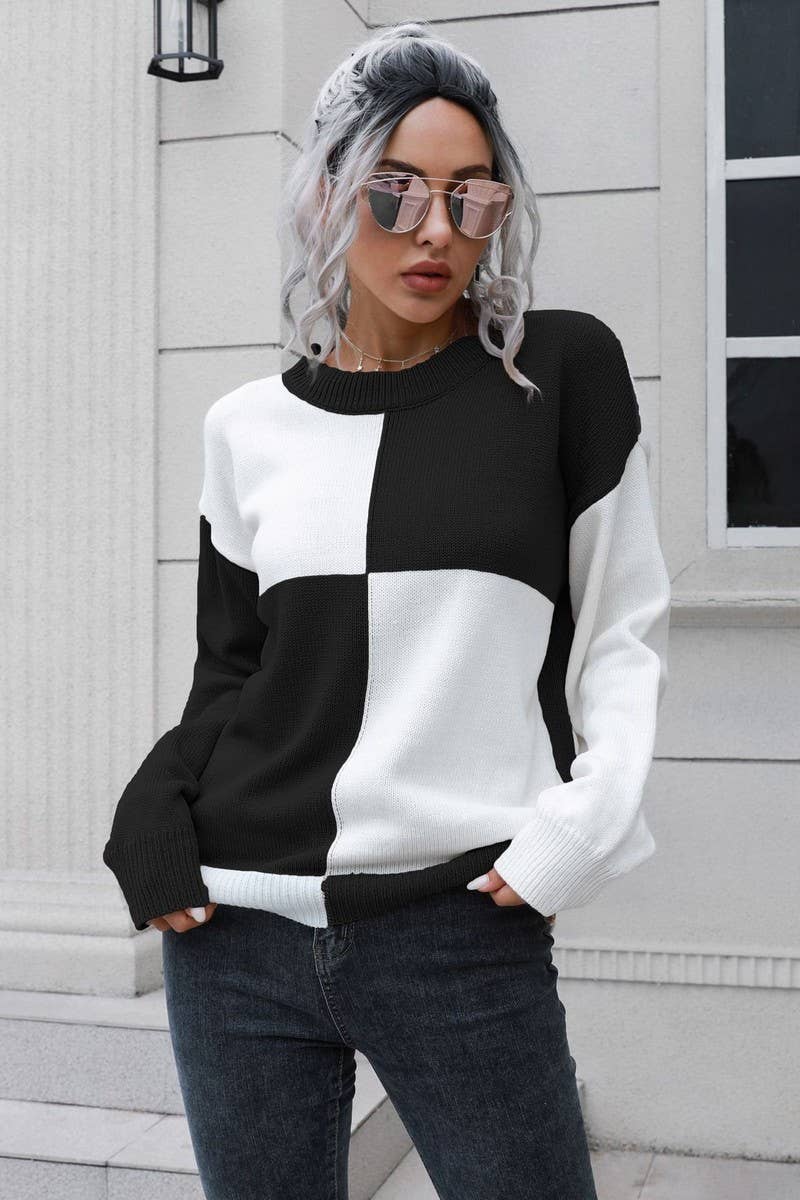CWOSWL3892_CHECKERBOARD CREW NECK  KNIT PULLOVER SWEATER