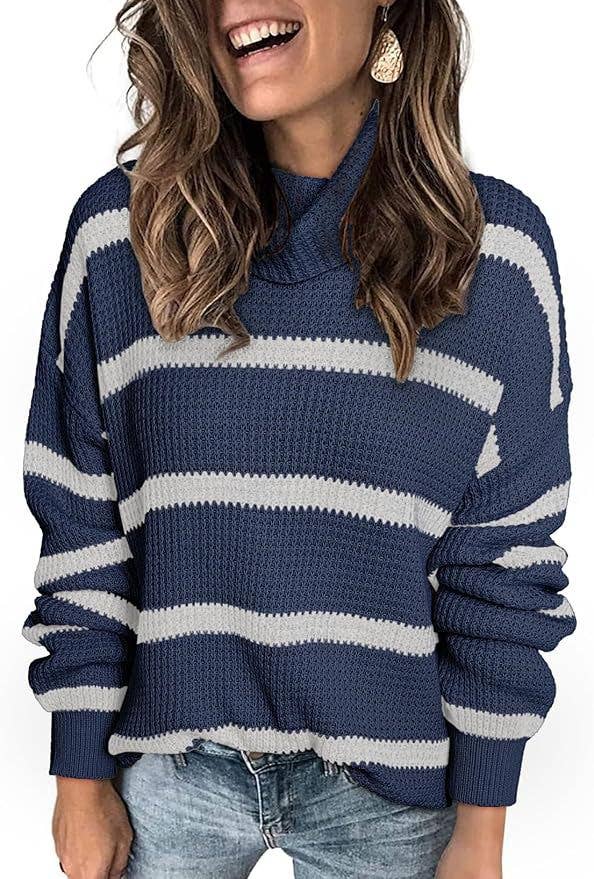 CASUAL TURTLENECK KNIT STRIPED PULLOVER SWEATER