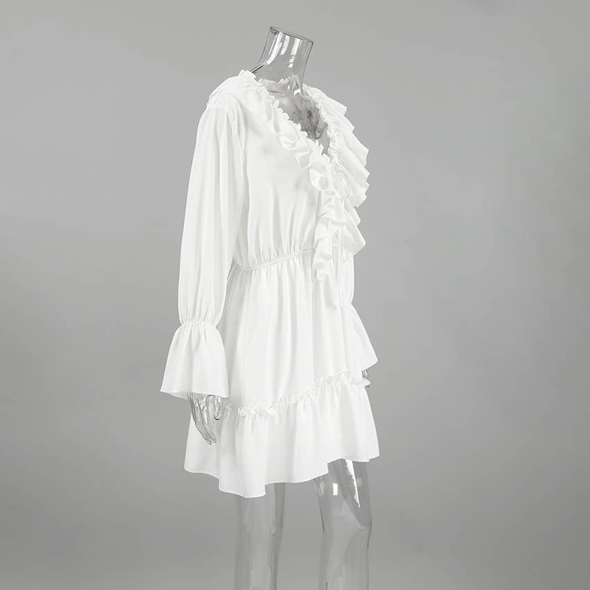 Chic V-neck ruched flare sleeves ruffle dress