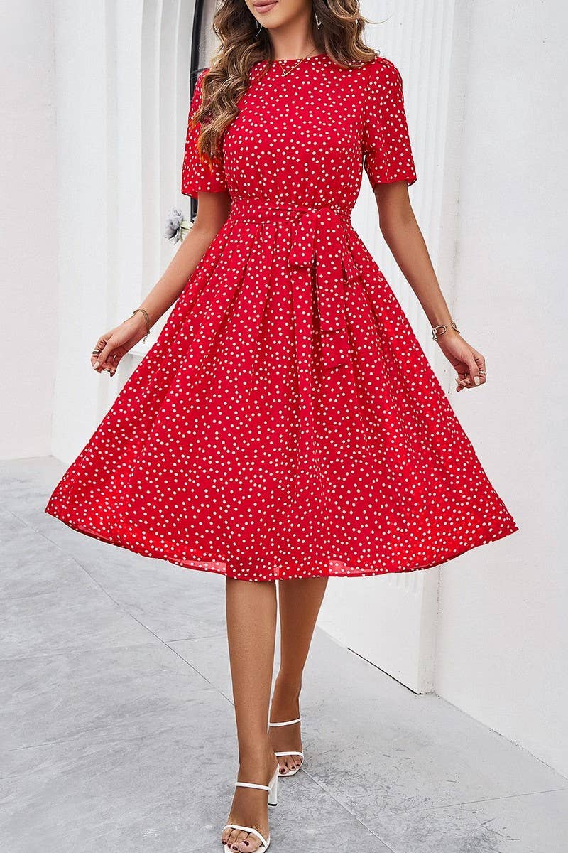 CWDSD7139_TEMPERAMENT CASUAL POLKA DOT LACE-UP PRINT DRESS
