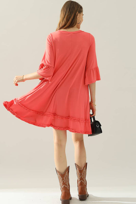 CWDSD10414_3/4 SLEEVE TIERED DRESS WITH SMALL RUFFLE DETAILS