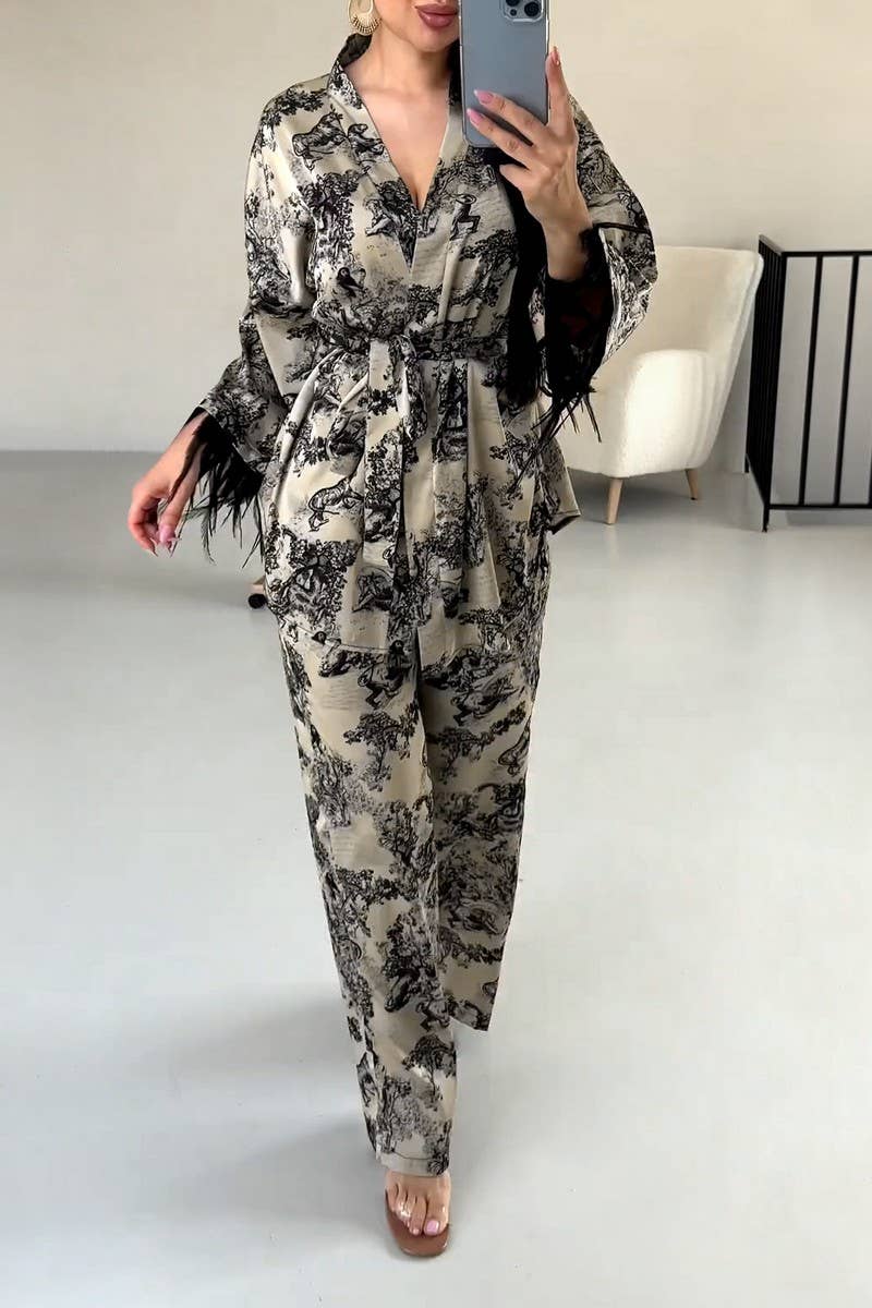 CWSPJ0265_PRINTED FEATHER TWO-PIECE KNITTED HOMEWEAR