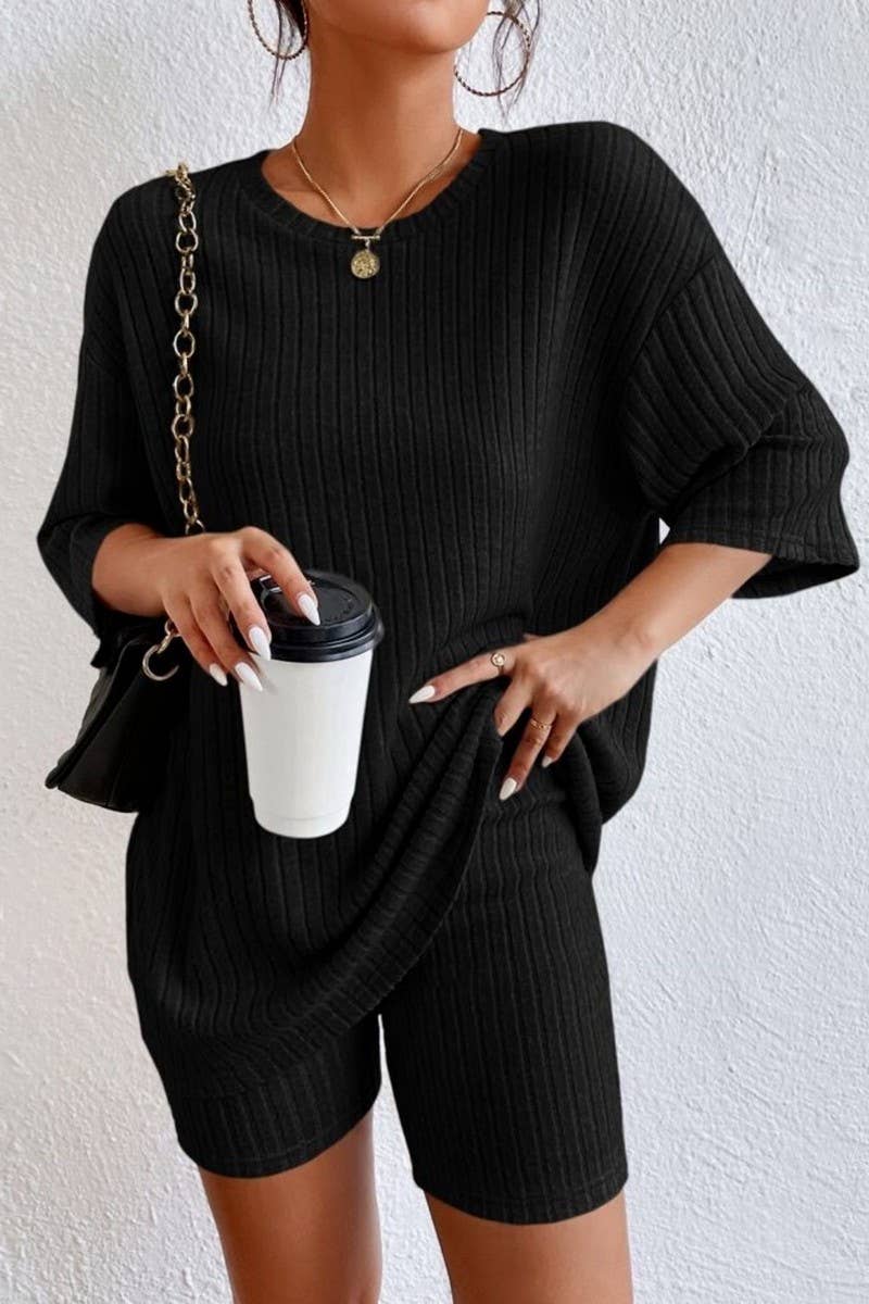 CWSTB1361_SOLID COLOR ROUND NECK LOOSE TOP AND SHORTS SET