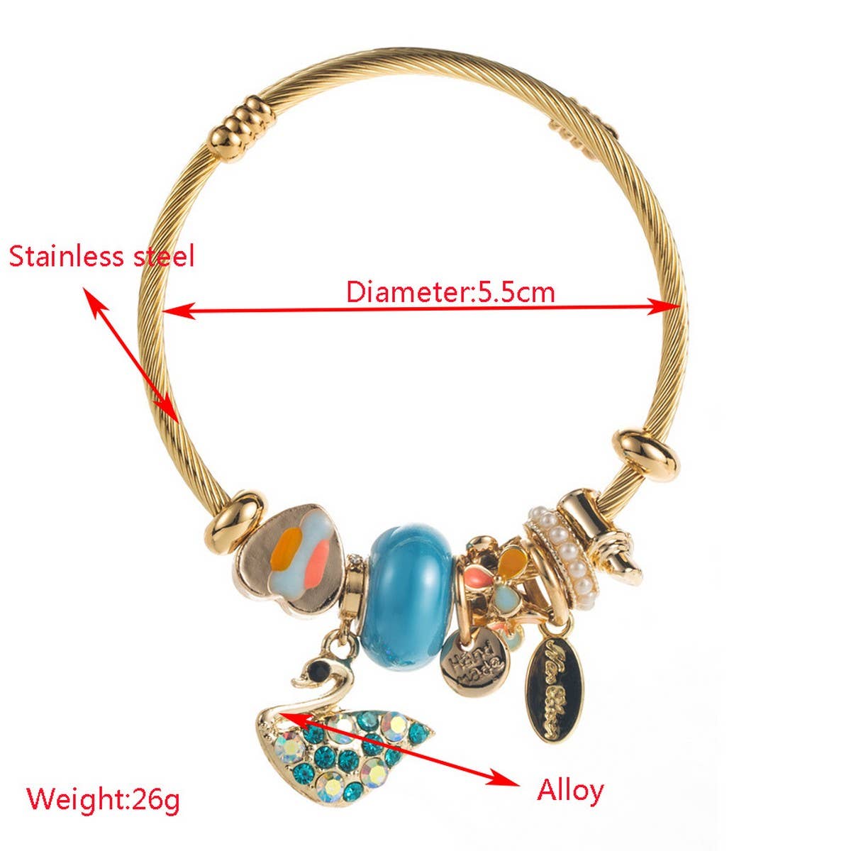 Gold Alloy Swan Charm Adjustable Bracelet