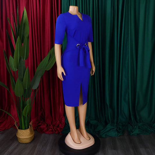V-NECK SOLID COLOR HIP-HUGGING ELEGANT DRESS
