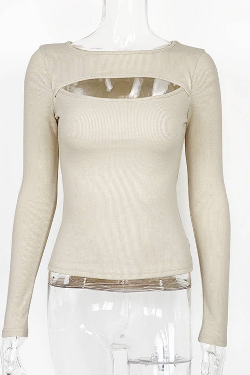 CWTBLL3780_RIBBED CUTOUT SLIM FIT LONG SLEEVE TOP