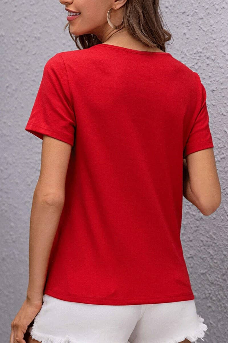 CWTBLS2189_SOLID V-NECK PATCHWORK SLIM FIT FASHION TEE