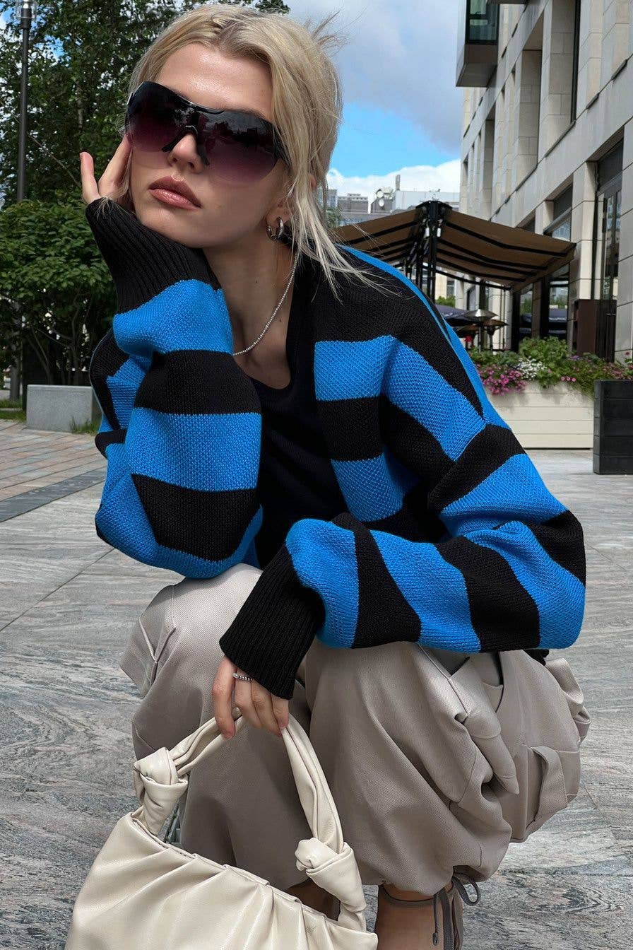 COLOR CONTRAST V-NECK DESIGN SENSE KNIT CARDIGAN