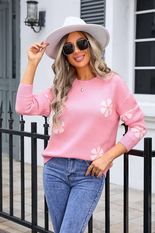 CWOSWL3105_CREW NECK CONTRAST FLORAL PULLOVER SWEATER