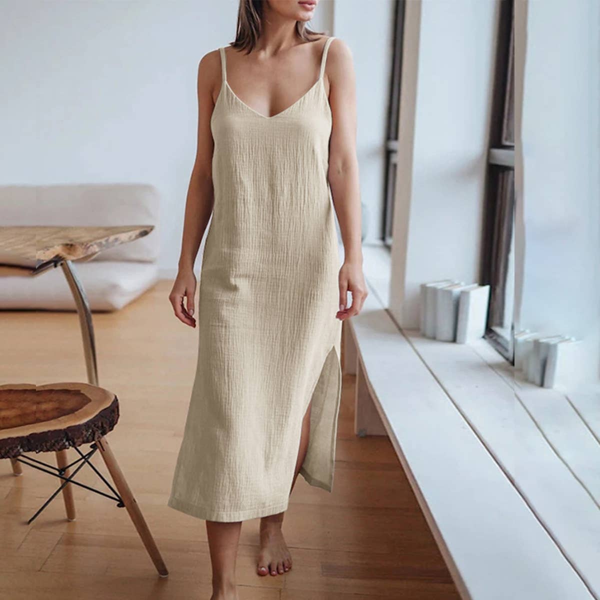 CREPE DOUBLE COTTON SLIT LONG DRESS