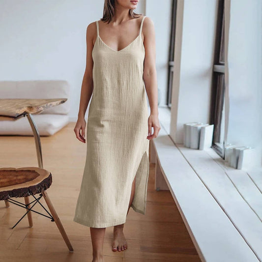 CREPE DOUBLE COTTON SLIT LONG DRESS