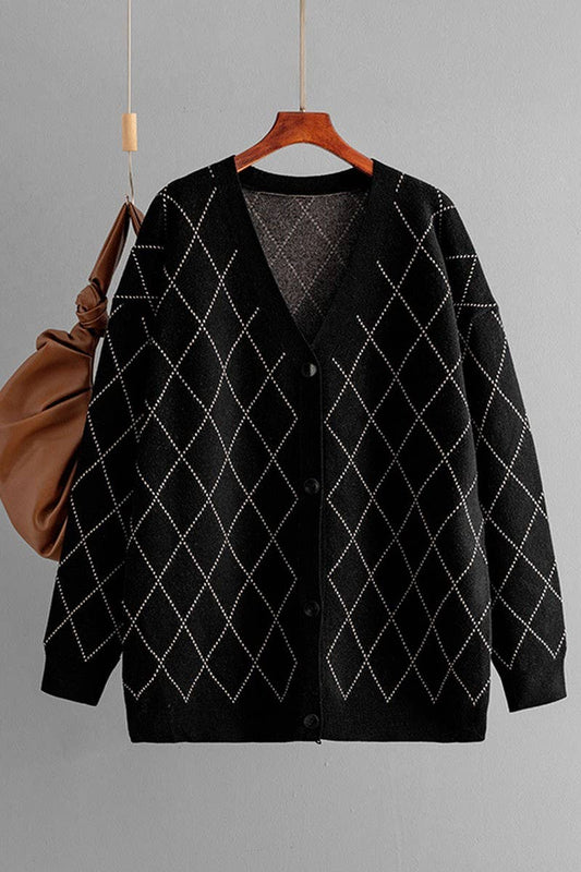 CWOCAL00676_V NECK LOOSE BUTTON PLAID KNIT CARDIGAN