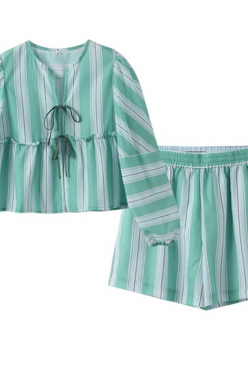 CWSTB1391_STRIPED LACE-UP BALLOON SLEEVE SHORTS SET