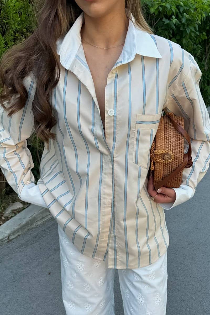 CWTBLL00623_VERTICAL STRIPED CREAM CASUAL LONG-SLEEVED SHIRT