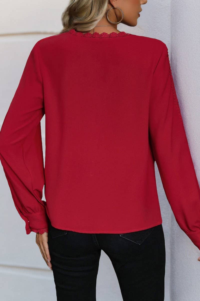 CWTBLL2280_V-NECK CASUAL LONG-SLEEVED RED SHIRT