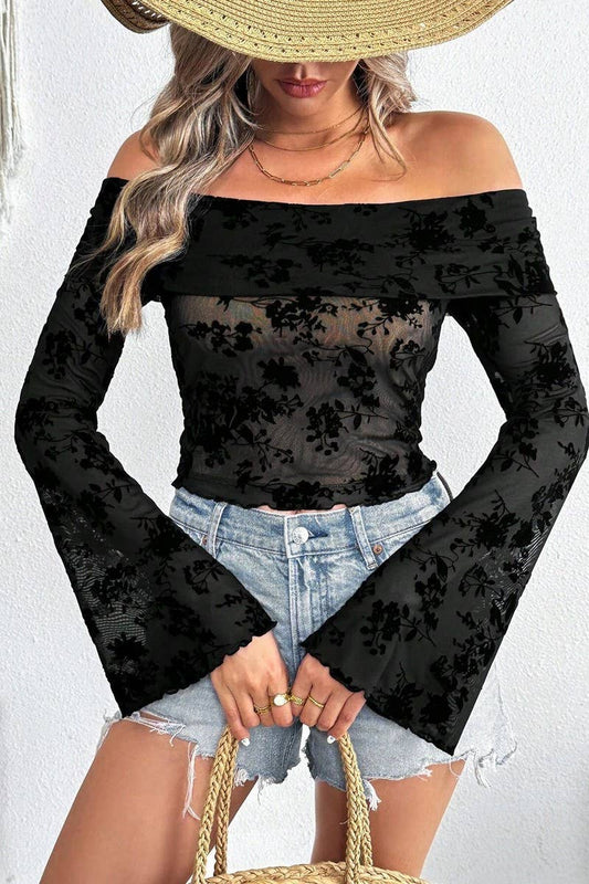 CWTBLL3477_FLOCKED FLORAL OFF-THE-SHOULDER BELL SLEEVE TOP