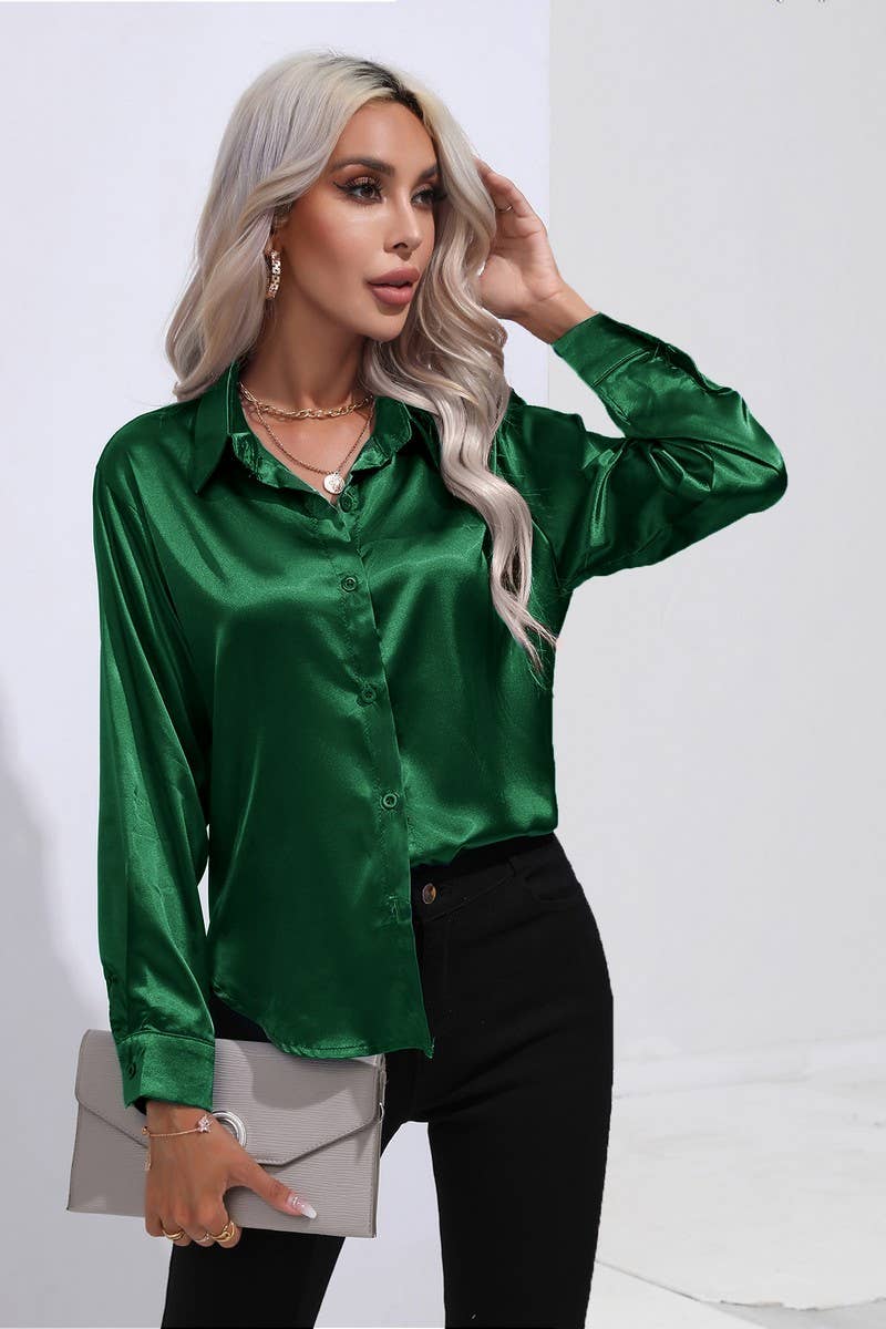 CWTBLL0690_Button Down Silky Satin Long Sleeve Top