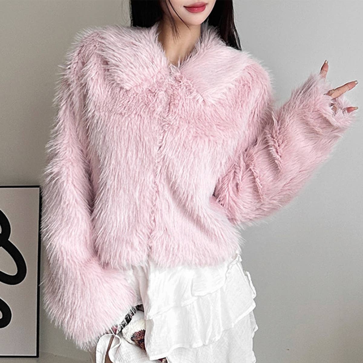 FLUFFY CARDIGAN LAPEL BAGGY WARM JACKET